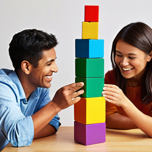 Home 11 **Image Prompt:** A diverse group of people of different ages and backgrounds happily working together, constructing a colorful building block tower that represents a well-diversified investment portfolio, with "Value," "Quality," and "Momentum" labeled on different blocks. Focus on conveying collaboration, growth, and financial success.